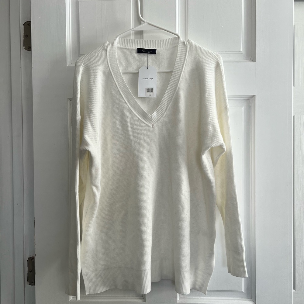 NWT White V Neck Sweater with Side Slit